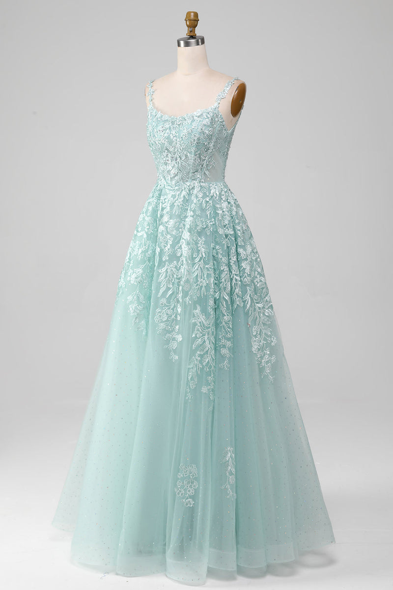 Load image into Gallery viewer, Glitter Mint A-Line Tulle Long Prom Dress with Lace