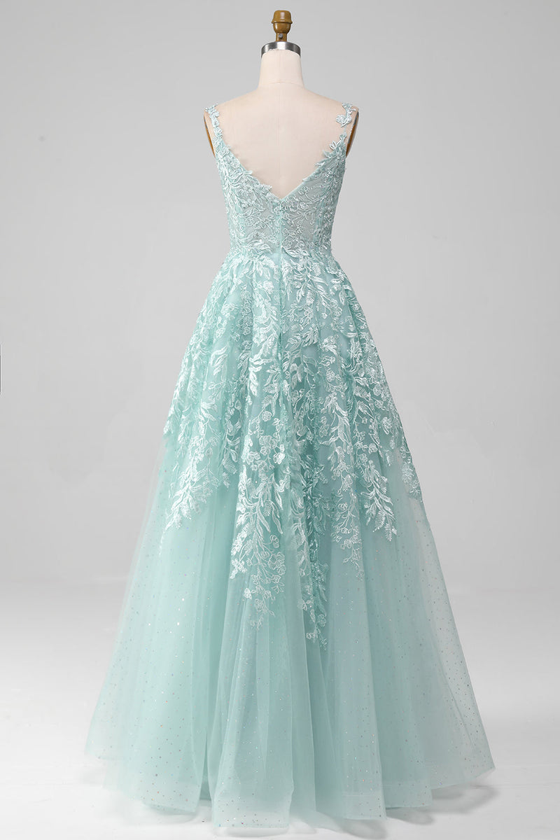 Load image into Gallery viewer, Glitter Mint A-Line Tulle Long Prom Dress with Lace