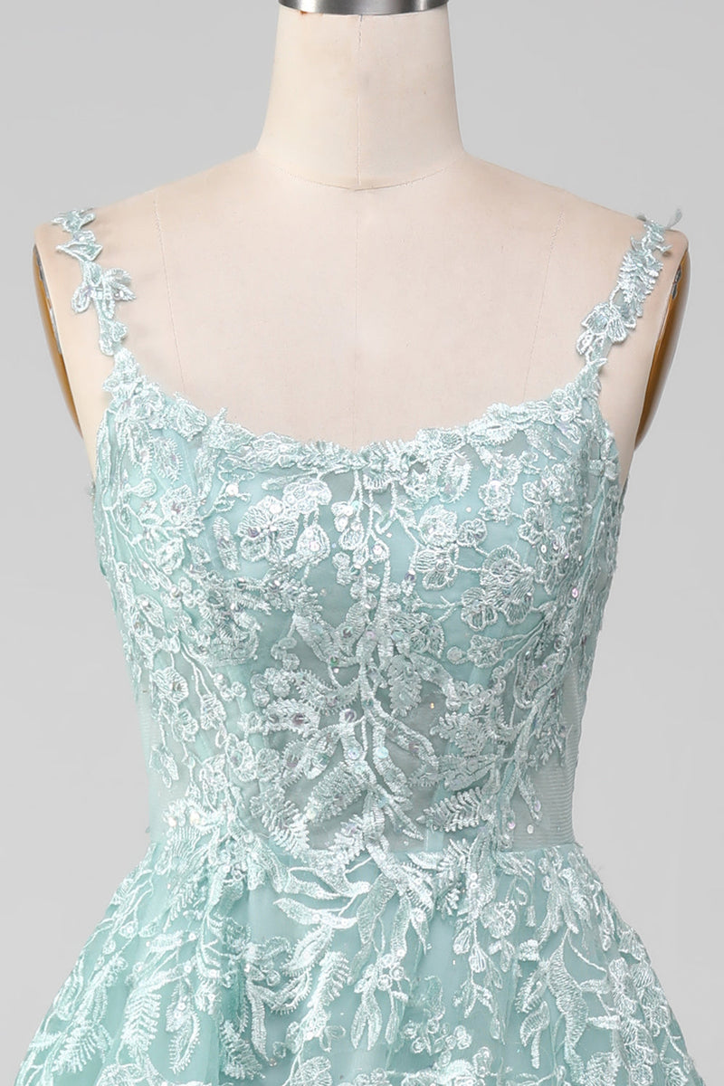 Load image into Gallery viewer, Glitter Mint A-Line Tulle Long Prom Dress with Lace