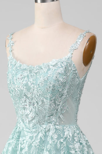 Glitter Mint A-Line Tulle Long Prom Dress with Lace