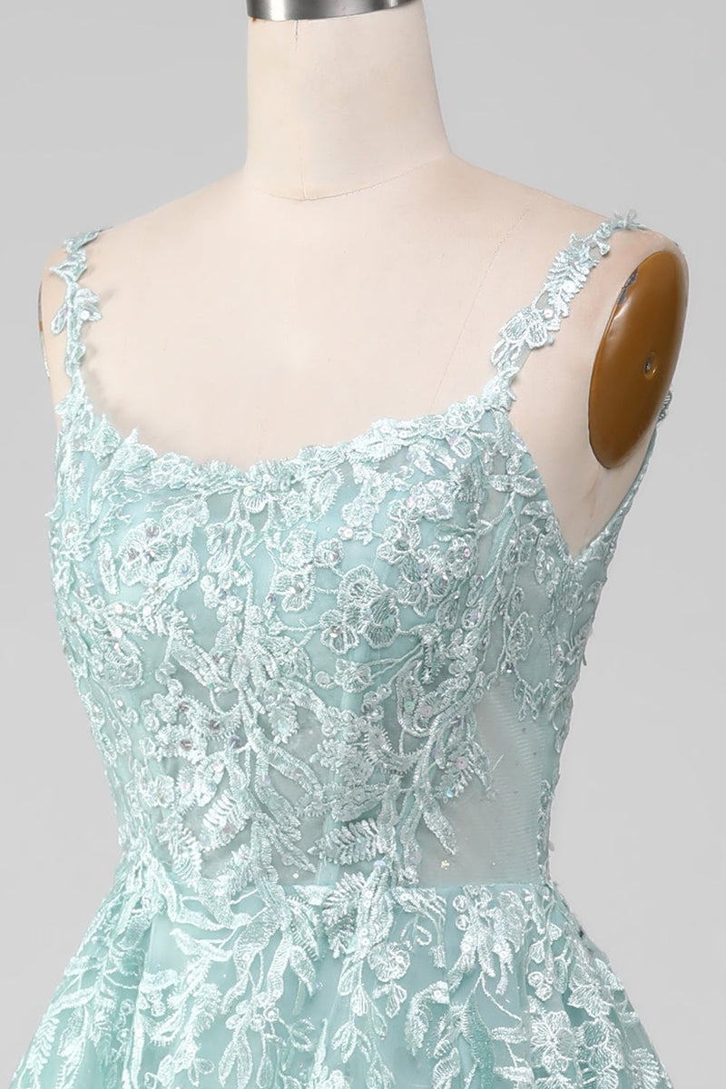 Load image into Gallery viewer, Glitter Mint A-Line Tulle Long Prom Dress with Lace