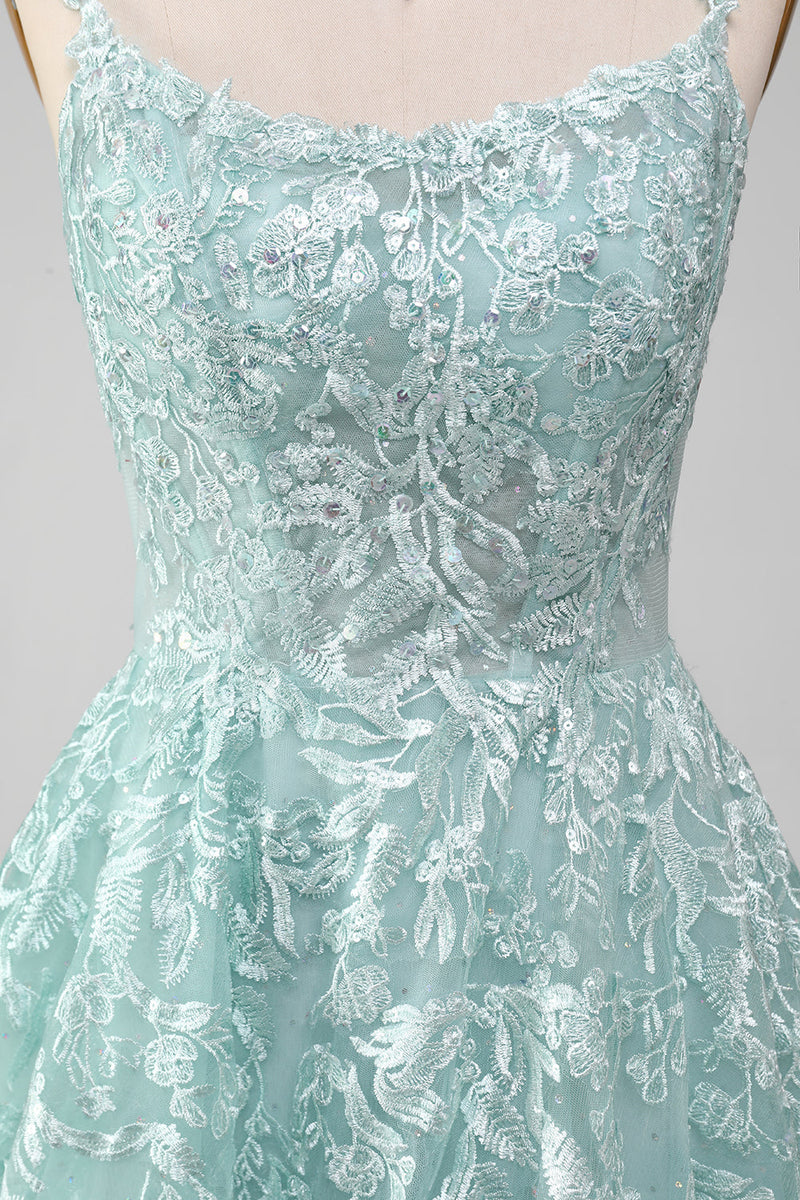 Load image into Gallery viewer, Glitter Mint A-Line Tulle Long Prom Dress with Lace