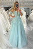 Load image into Gallery viewer, Mint A Line Tulle Off the Shoulder Long Prom Dress With Appliques