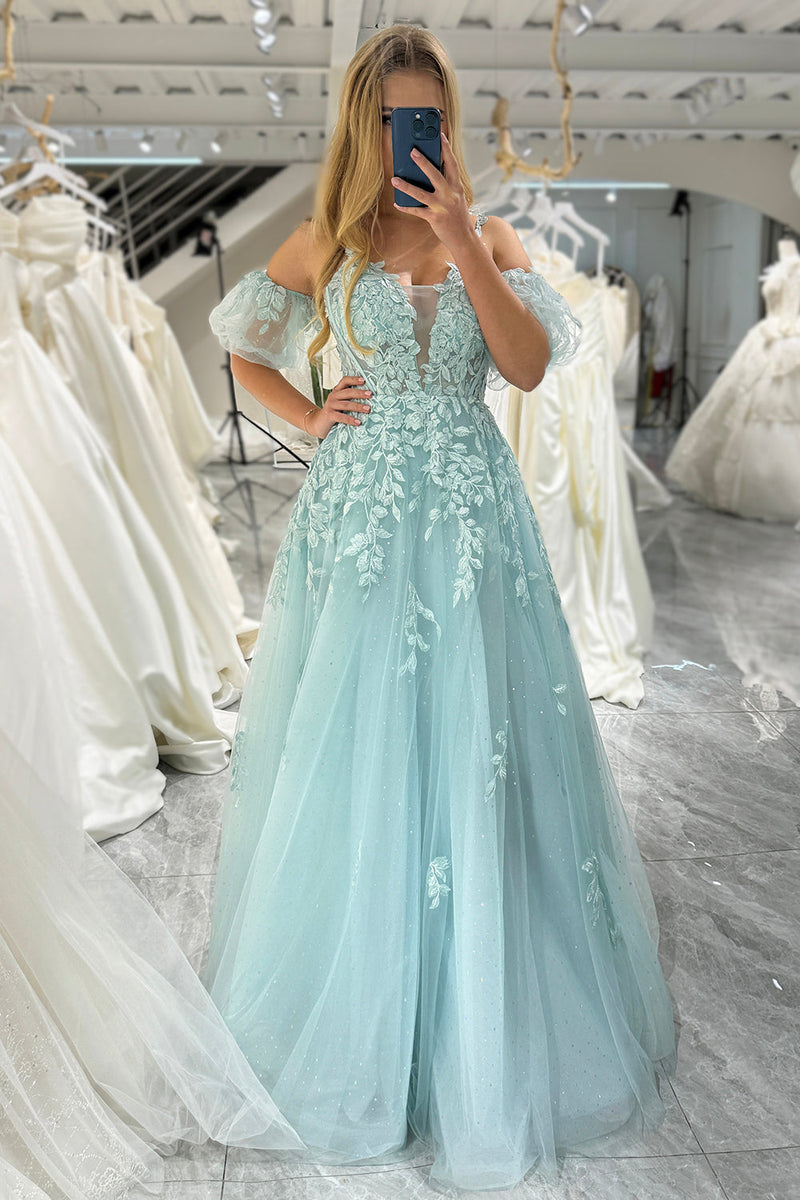 Load image into Gallery viewer, Mint A Line Tulle Off the Shoulder Long Prom Dress With Appliques