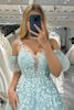 Load image into Gallery viewer, Mint A Line Tulle Off the Shoulder Long Prom Dress With Appliques