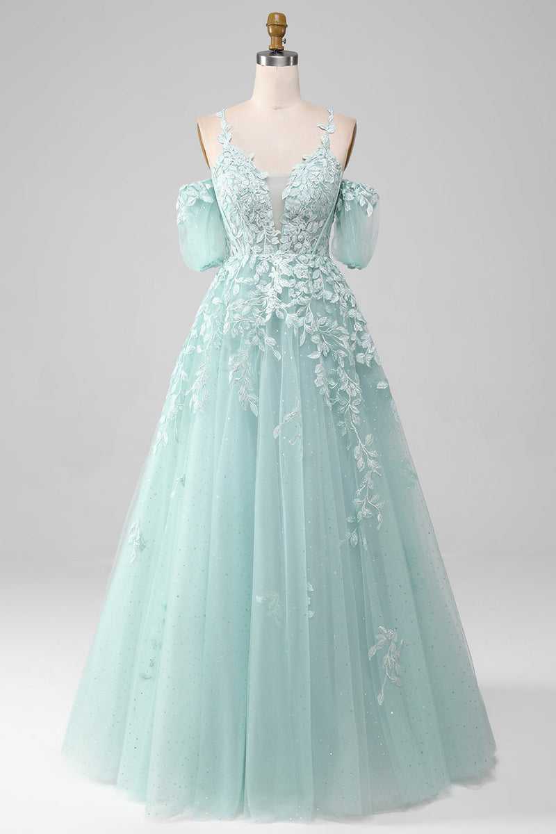 Load image into Gallery viewer, Mint A Line Tulle Off the Shoulder Long Prom Dress With Appliques