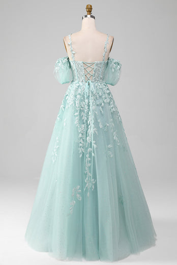 Mint A Line Tulle Off the Shoulder Long Prom Dress With Appliques