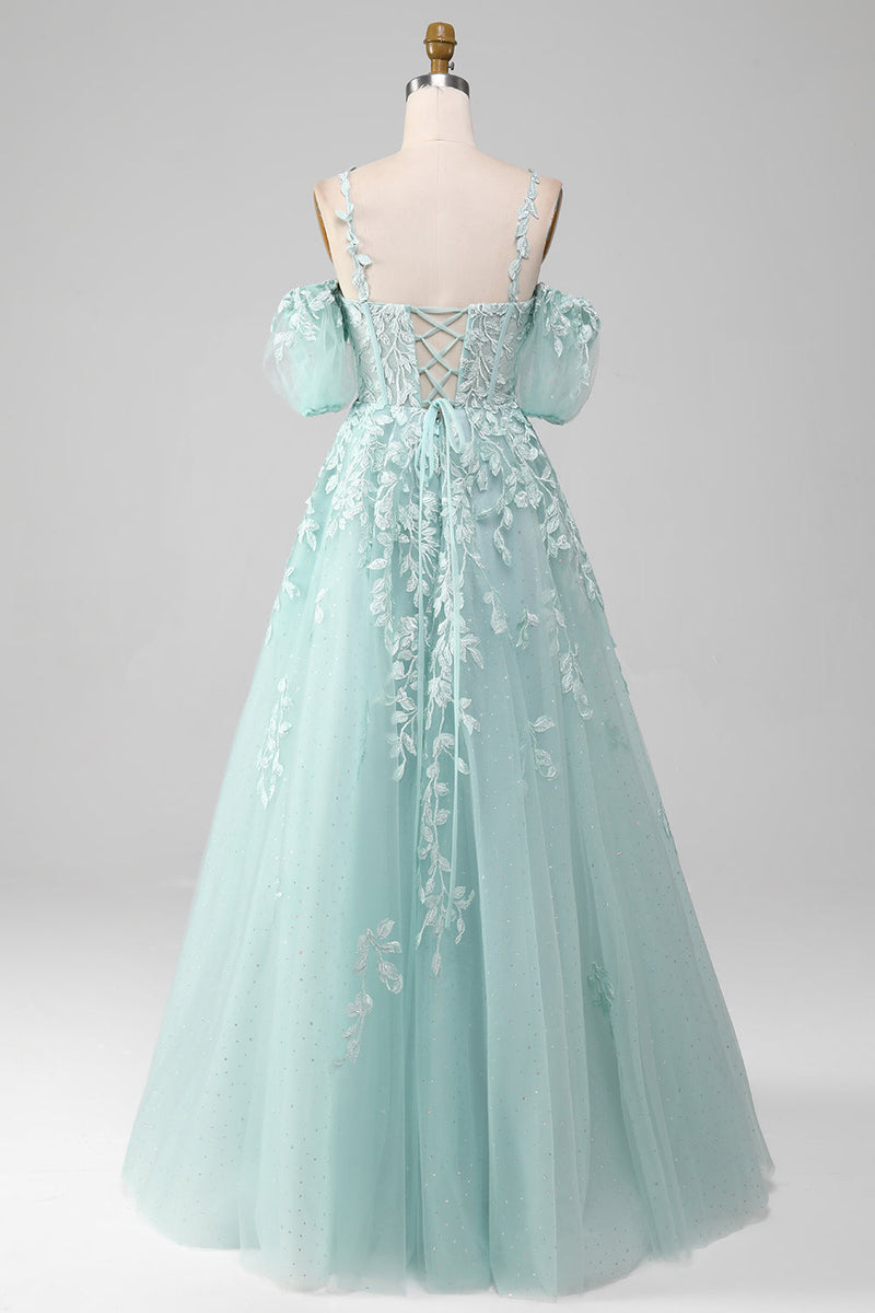 Load image into Gallery viewer, Mint A Line Tulle Off the Shoulder Long Prom Dress With Appliques