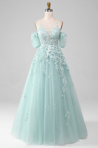 Mint Ball-Gown Off The Shoulder Beaded Prom Dresses With Appliques