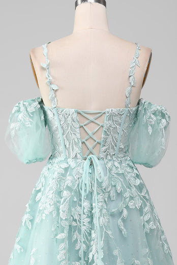 Mint Ball-Gown Off The Shoulder Beaded Prom Dresses With Appliques