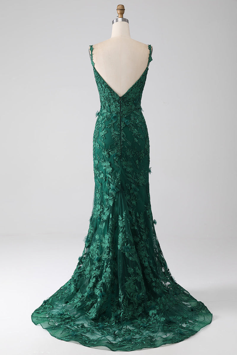 Load image into Gallery viewer, Dark Green Mermaid Spaghetti Straps Long Prom Dress with Appliques