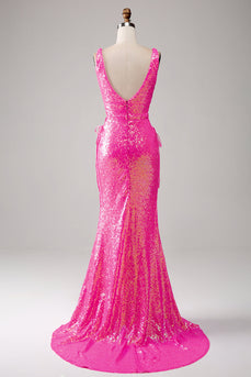 Sparkly Hot Pink Mermaid Prom Dress with Slit