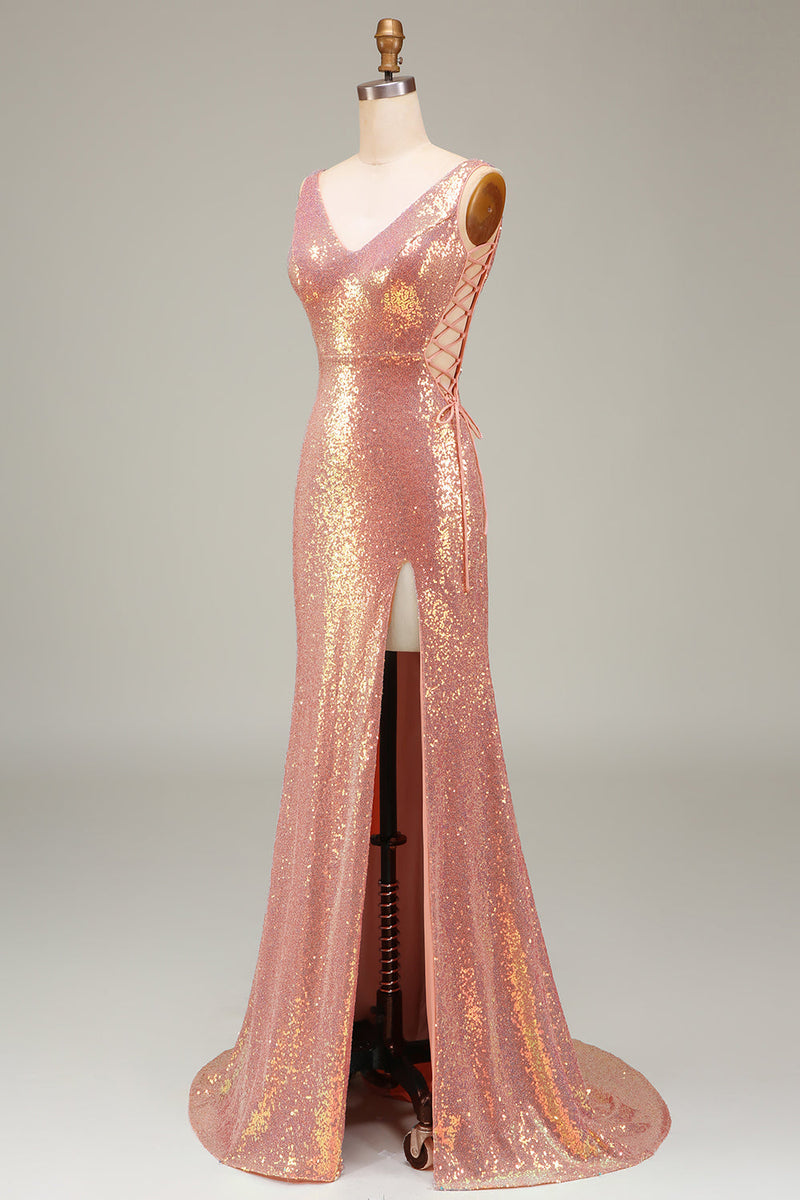 Load image into Gallery viewer, Sparkly Blush Mermaid Prom Dress with Slit