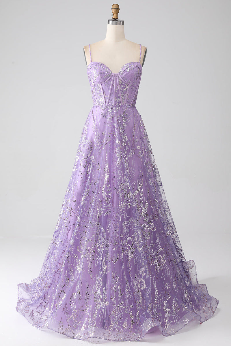 Load image into Gallery viewer, A-Line Spaghetti Straps Lilac Corset Prom Dress with Sequins