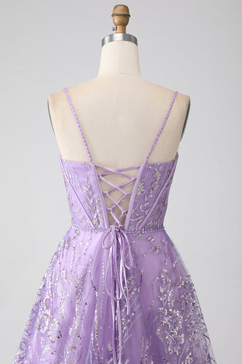 A-Line Spaghetti Straps Lilac Corset Prom Dress with Sequins