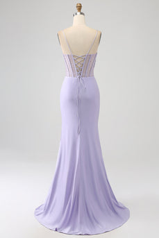 Glitter Lilac Corset Mermaid Long Prom Dress with Slit