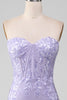 Load image into Gallery viewer, Lilac Sheath Strapless Corset Prom Dresses With Lace Appliques