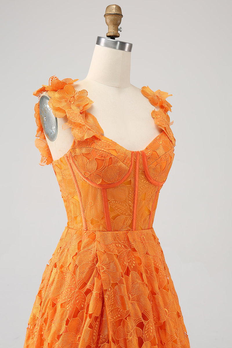 Load image into Gallery viewer, Orange A-Line Floral Lace Long Prom Dress