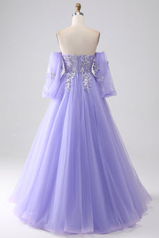 Lavender A-Line Strapless Tulle Long Prom Dress with Sleeves