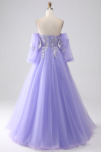 Lavender A-Line Strapless Tulle Long Prom Dress with Sleeves