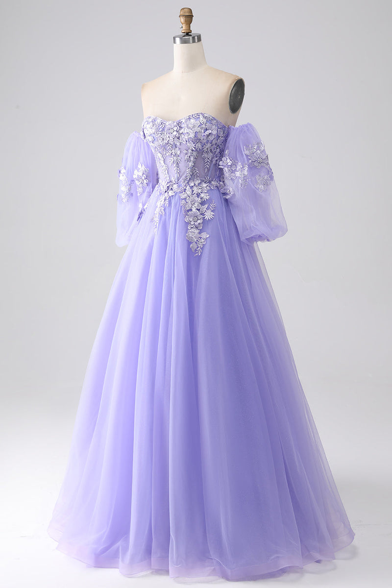 Load image into Gallery viewer, Lavender A-Line Strapless Tulle Long Prom Dress with Sleeves