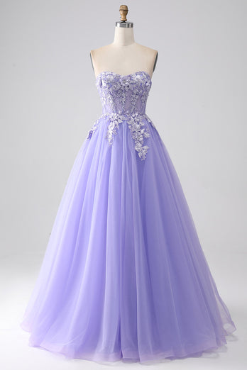 Lavender A-Line Strapless Tulle Long Prom Dress with Sleeves