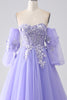 Load image into Gallery viewer, Lavender A-Line Strapless Tulle Long Prom Dress with Sleeves