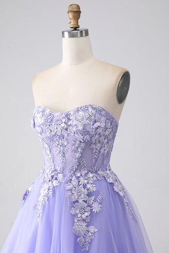 Lavender A-Line Strapless Tulle Long Prom Dress with Sleeves