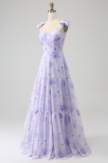 Lilac Corset Floral A-Line Long Prom Dress