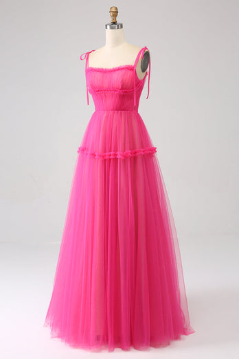 Fuchsia A-Line Ruffled Long Tulle Prom Dress