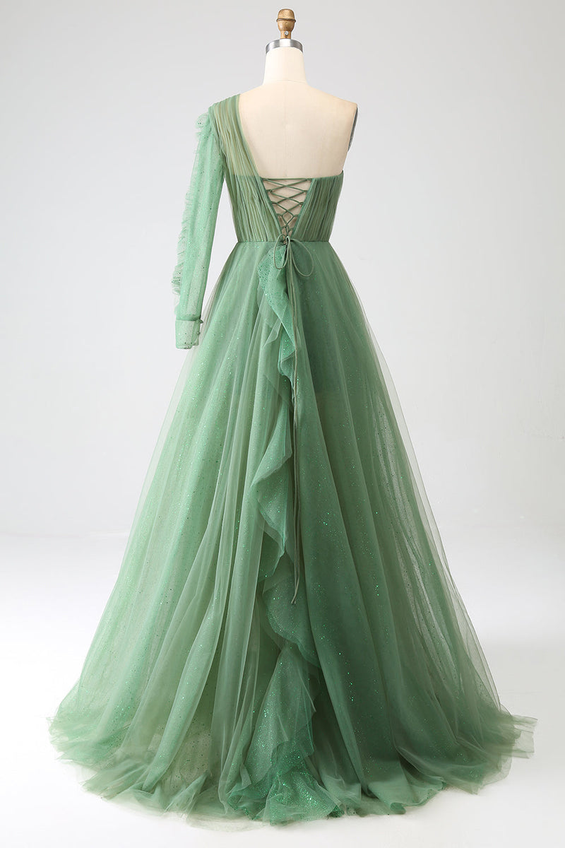 Load image into Gallery viewer, Dark Green A-Line One-Shoulder Long Prom Dress With Long Sleeves