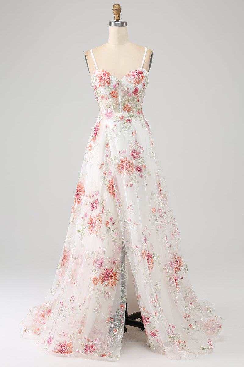 Load image into Gallery viewer, Ivory Flower Embroidered Long Corset Prom Dress with Slit