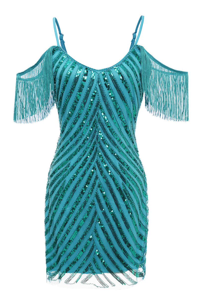 Load image into Gallery viewer, Sparkly Turquoise Tight Sequins Short Prom Dress with Fringes