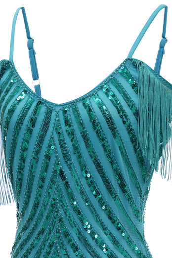 Sparkly Turquoise Tight Sequins Short Prom Dress with Fringes