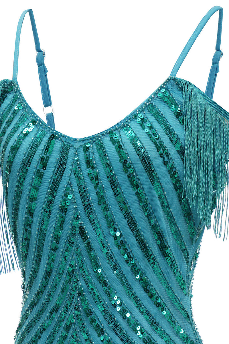 Load image into Gallery viewer, Sparkly Turquoise Tight Sequins Short Prom Dress with Fringes