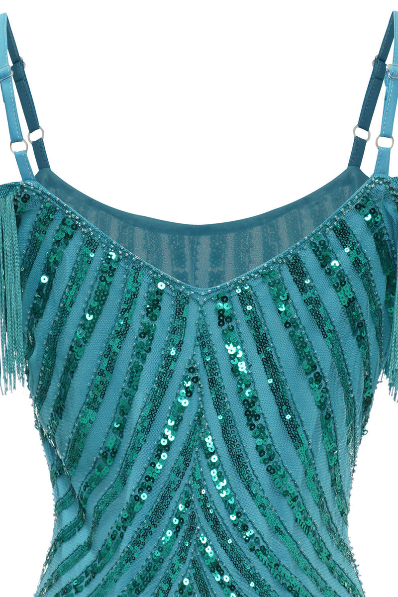 Load image into Gallery viewer, Sparkly Turquoise Tight Sequins Short Prom Dress with Fringes