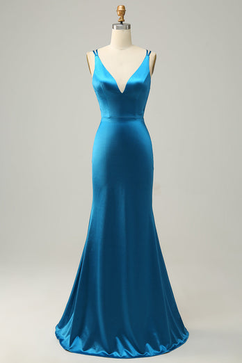 Blue Mermaid Backless Long Prom Dress