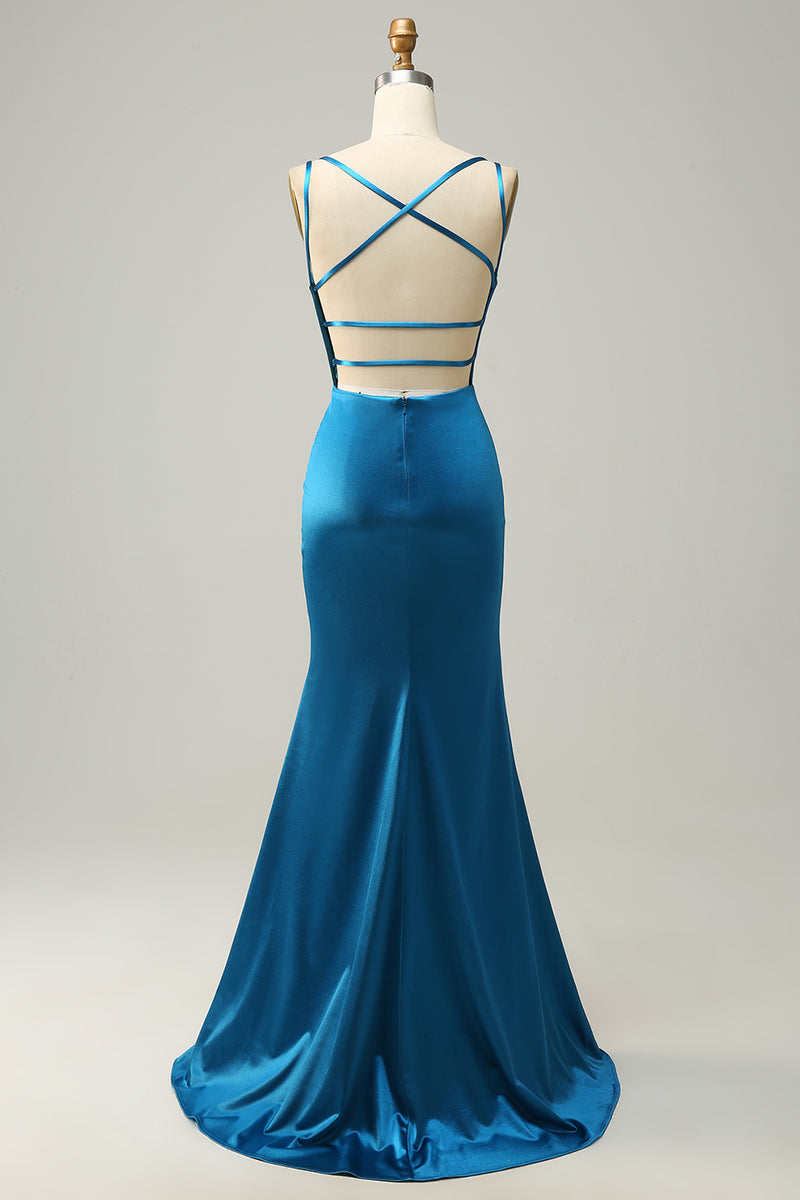 Load image into Gallery viewer, Peacock Blue Mermaid Backless Long Prom Dress