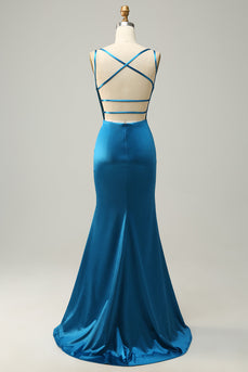 Blue Mermaid Backless Long Prom Dress