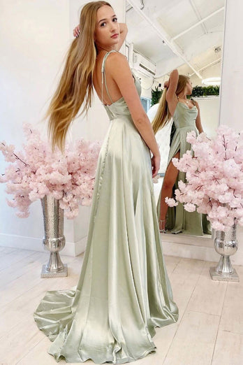 A-Line Spaghetti Straps Light Green Satin Long Prom Dress with Slit