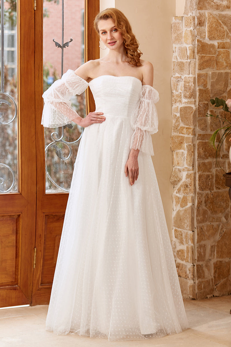 Load image into Gallery viewer, A Line Off the Shoulder White Wedding Dress with Long Sleeves