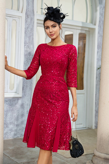 Burgundy Sheath Lace Mother of the Bride Dress