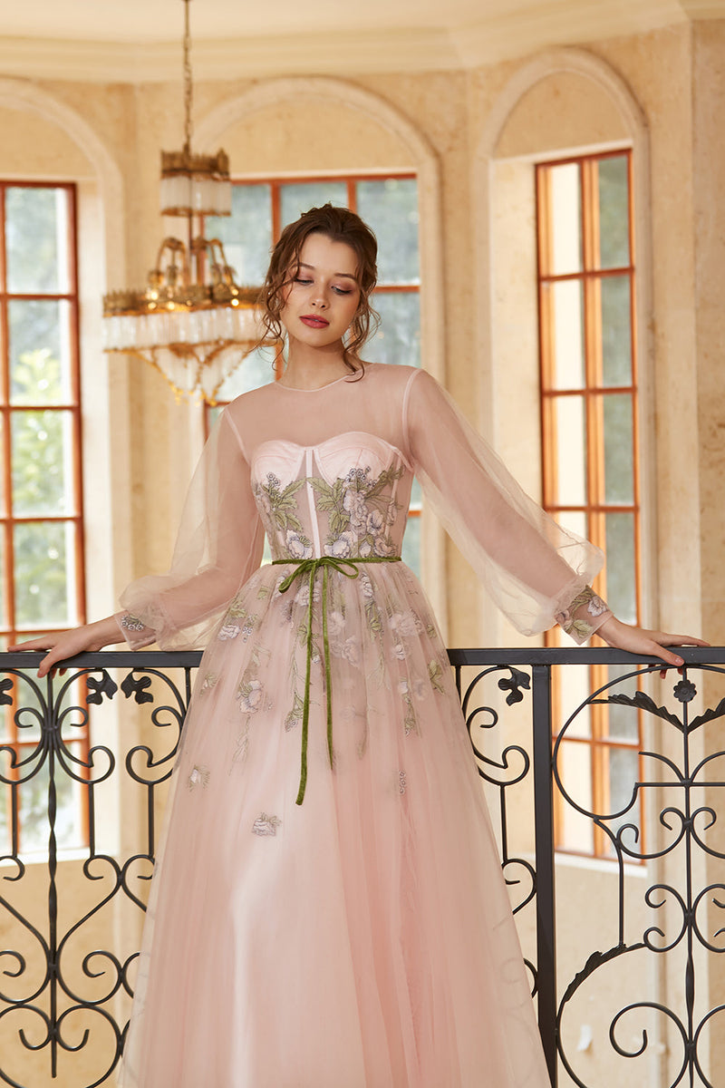 Load image into Gallery viewer, A Line Jewel Light Nude Tea Length Prom Dress with Long Sleeves