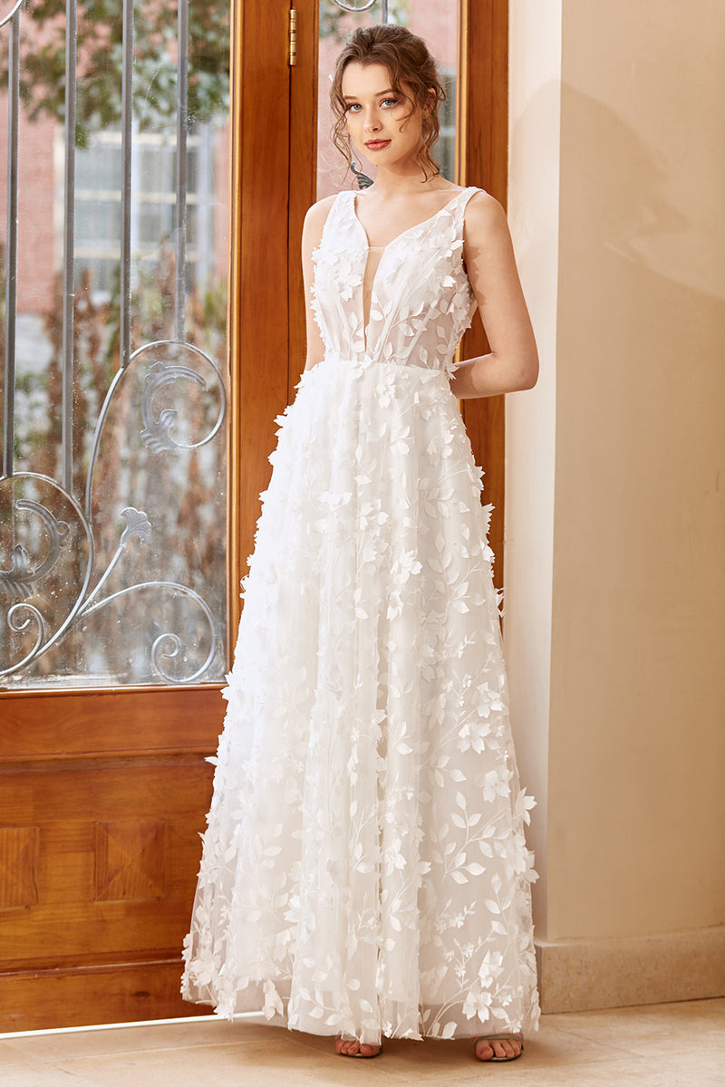 Load image into Gallery viewer, White Appliques Tulle Wedding Dress