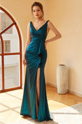 Peacock Blue Ruched Long Prom Dress with Slit