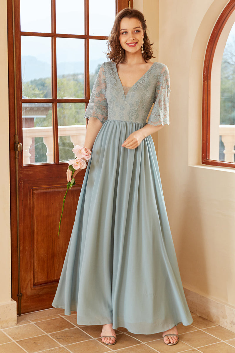 Load image into Gallery viewer, Blue Long Chiffon Bridesmaid Dress with Sleeves