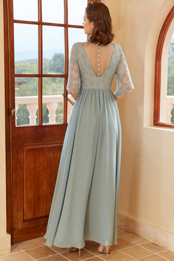 Blue Long Chiffon Bridesmaid Dress with Sleeves