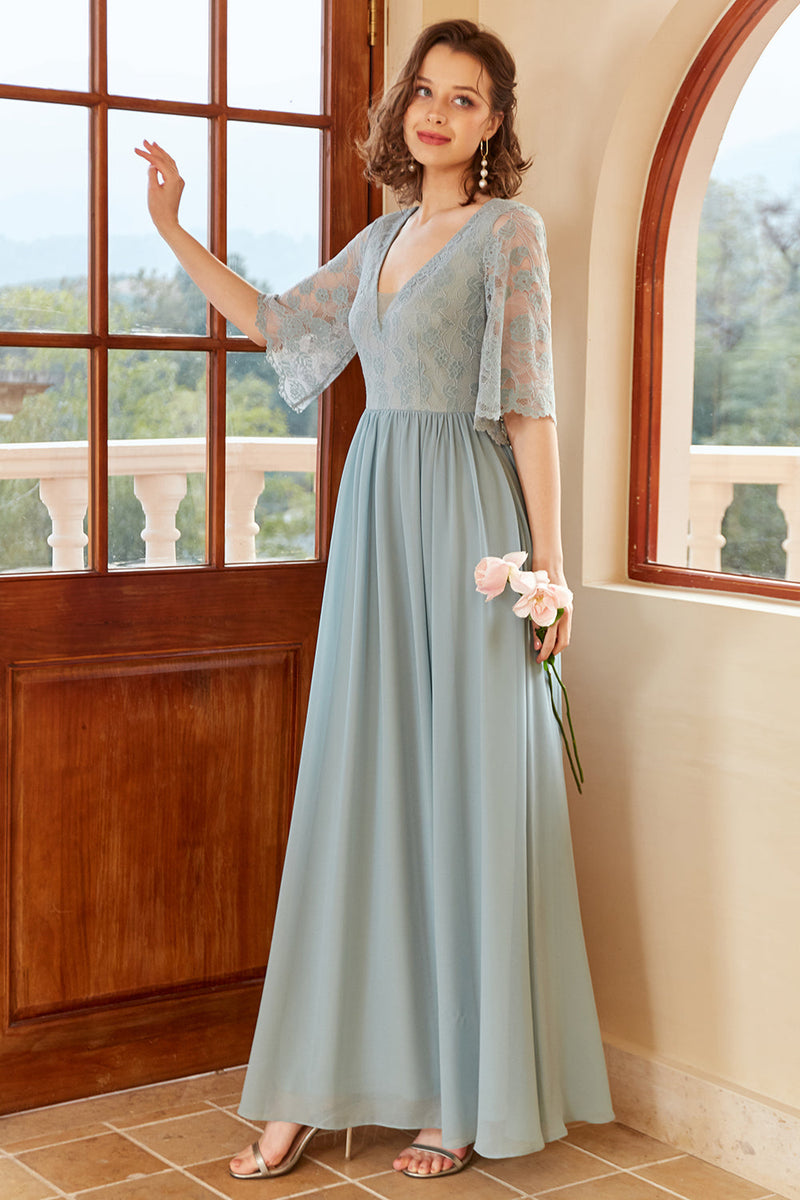 Load image into Gallery viewer, Blue Long Chiffon Bridesmaid Dress with Sleeves