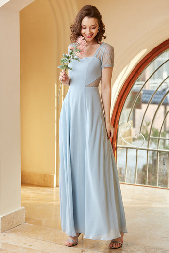 Long Chiffon Blue Bridesmaid Dress with Sleeves