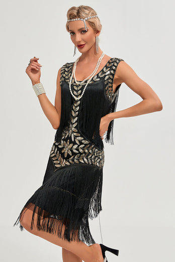 Black Gatsby 1920s Flapper Dress with Sequins and Fringes